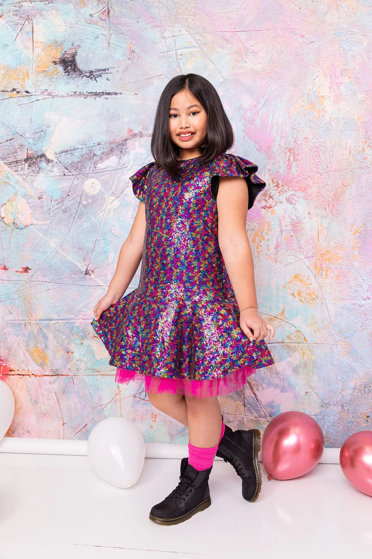 530 Sequin Ruffle Sleeve Tutu Girls Dress