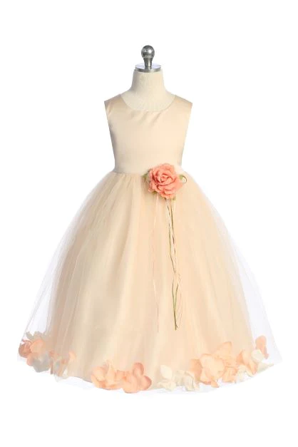 160B Blush Satin Flower Petal Girl Dress with Plus Sizing