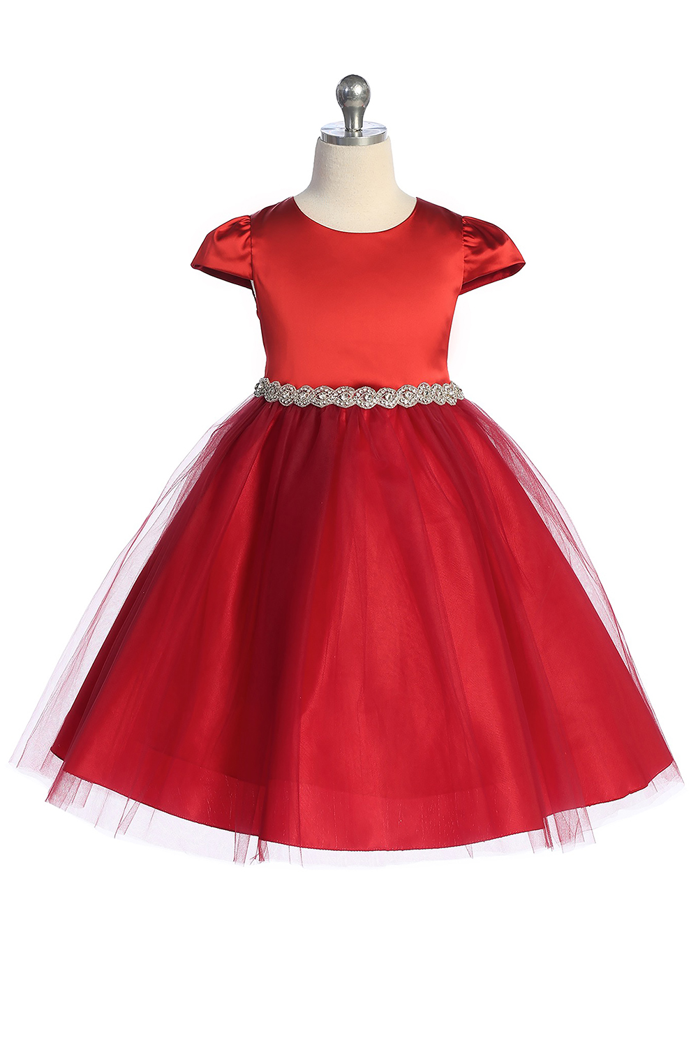 452-A Capped Sleeve Satin & Tulle Girls Dress with Braided Rhinestone Trim and Plus Sizes