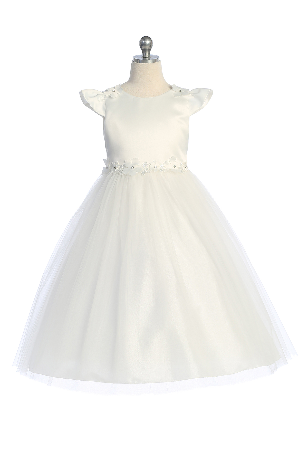 562 Capped Sleeve Satin & Tulle Girls Dress with Floral Trim and Plus Sizes